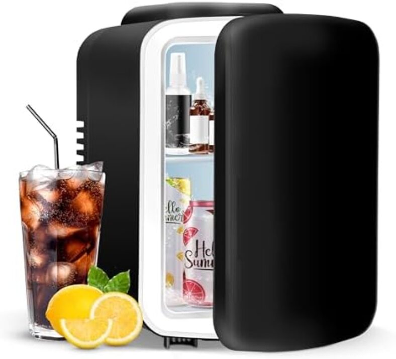 YSSOA 4L Mini Fridge 6 Can Portable Cooler & Warmer Compact Refrigerators for Food, Drinks, Office Desk, Black
